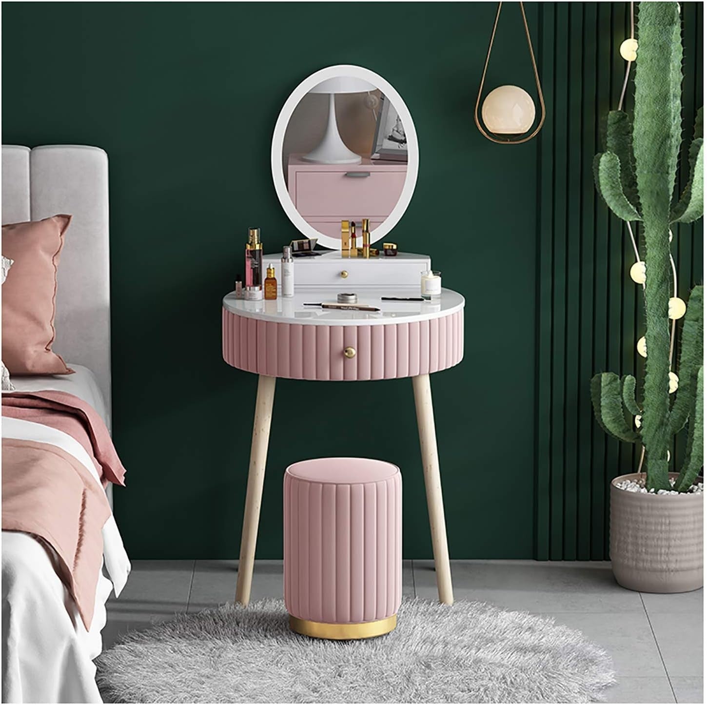 Pink Vanity Dressing Table Set Marble Top Velvet Drawers Metal Frame Stool