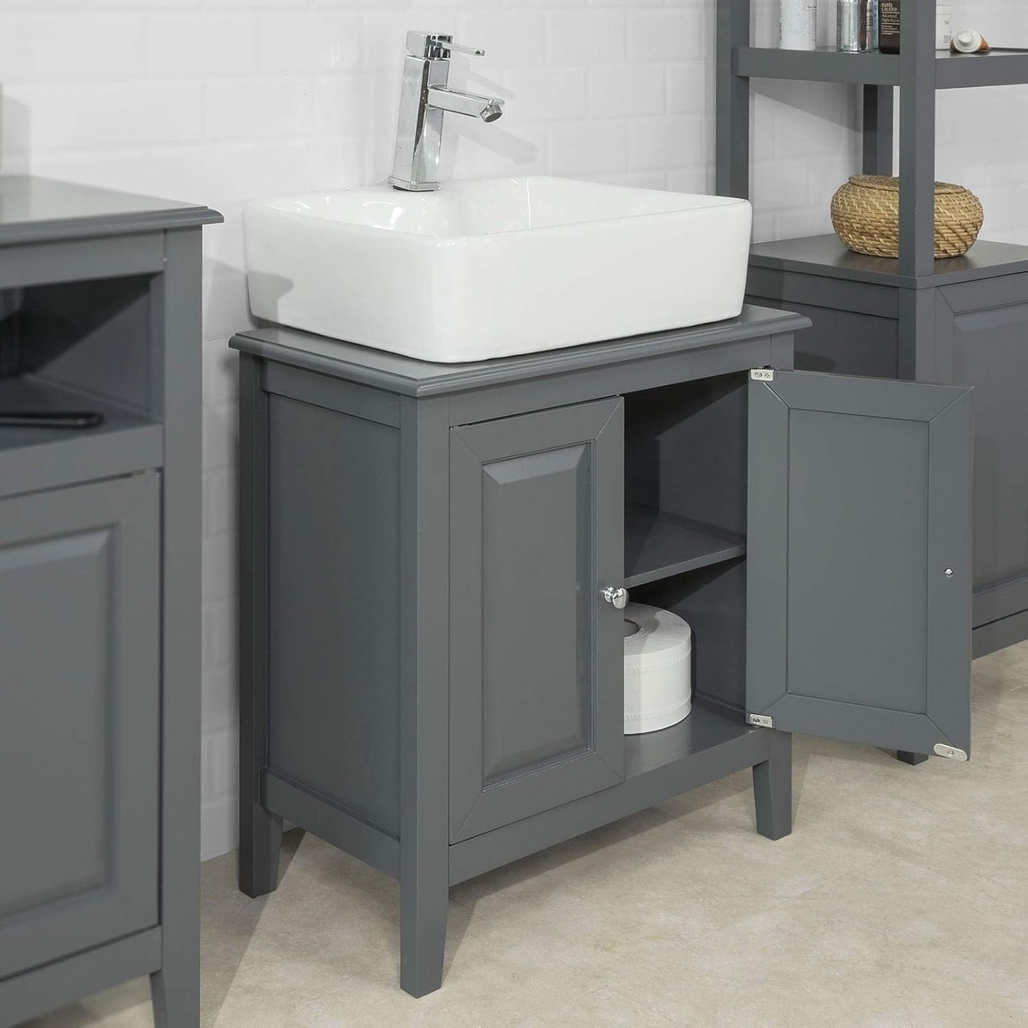 Dark Grey Bathroom Vanity Unit 2 Door Under Sink Storage Cabinet MDF Cupboard