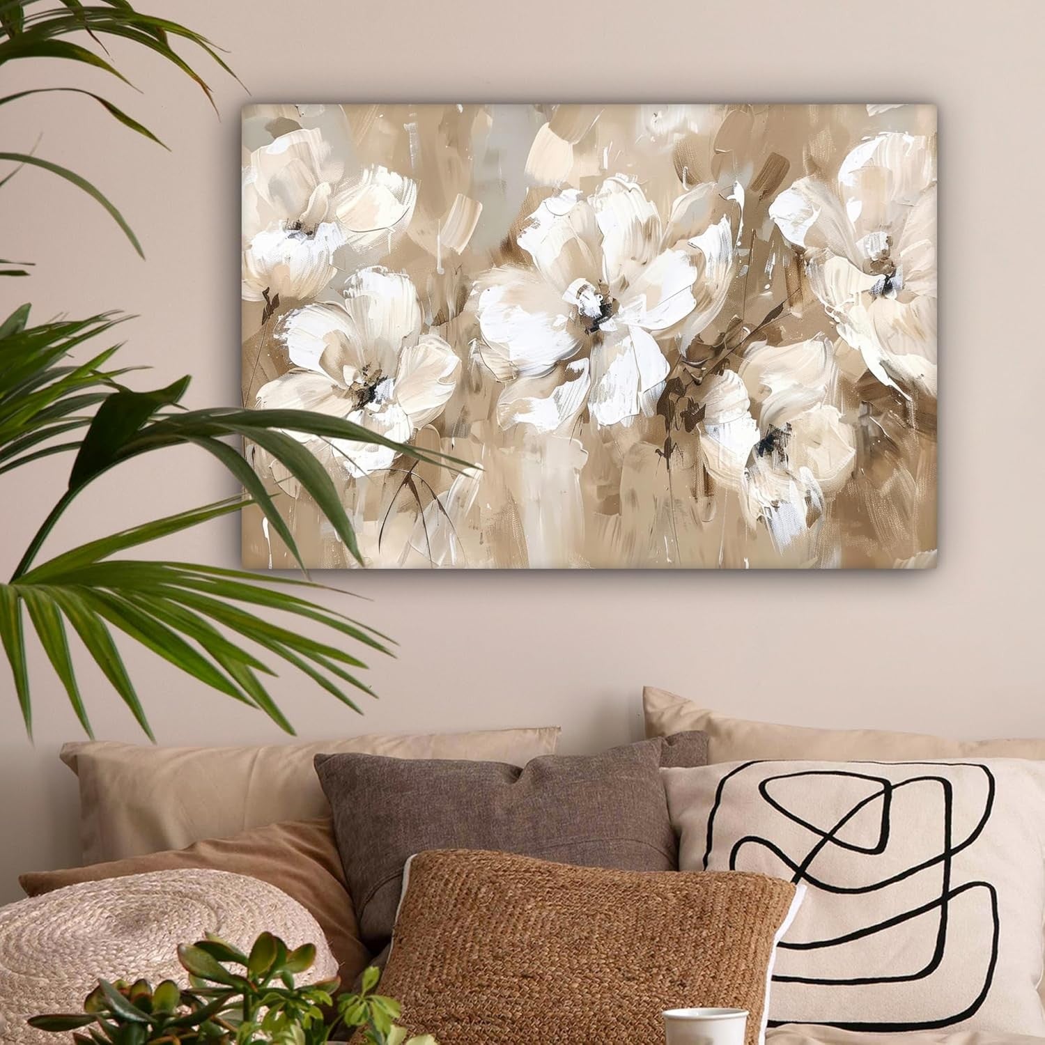 Beige Floral Canvas Wall Art 60x40cm Framed Modern