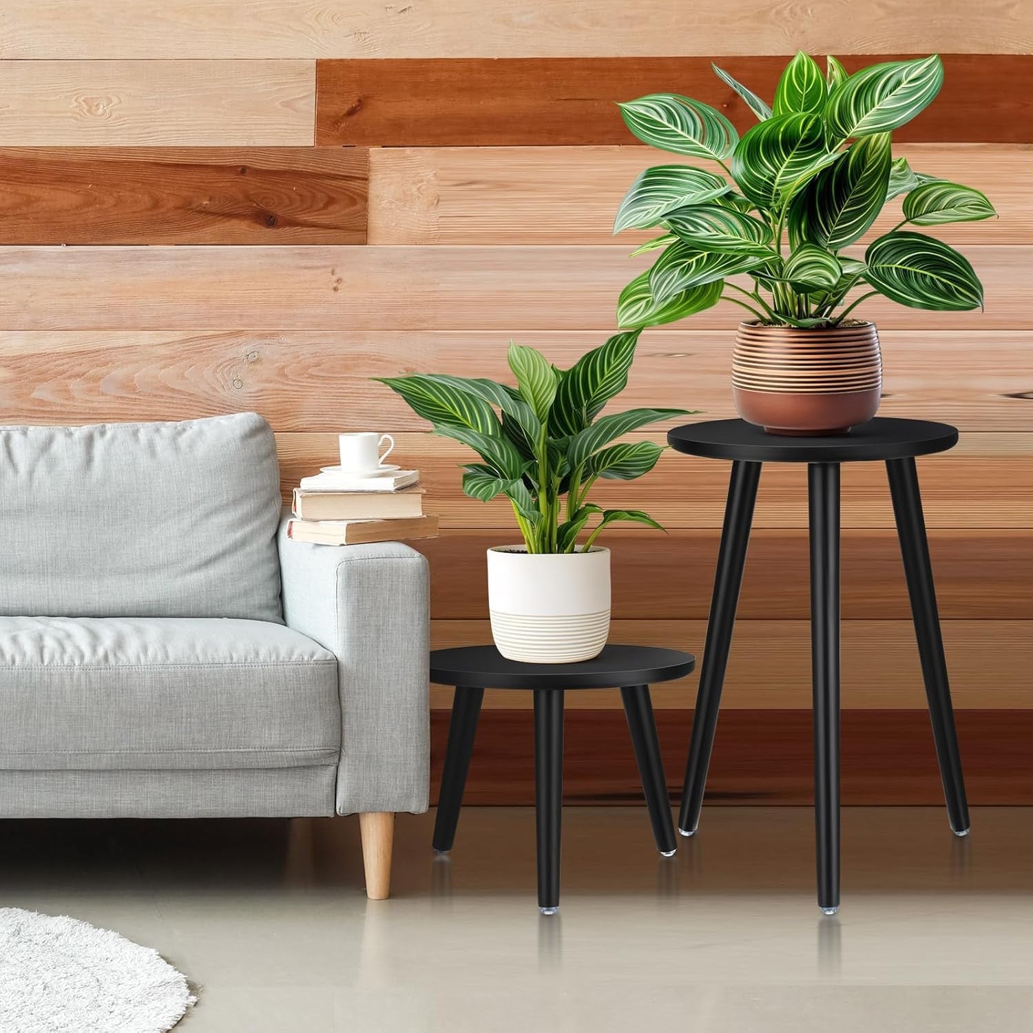 2 Pack Wooden Plant Stand Set | Modern Black Flower Pot Tables for Home Decor
