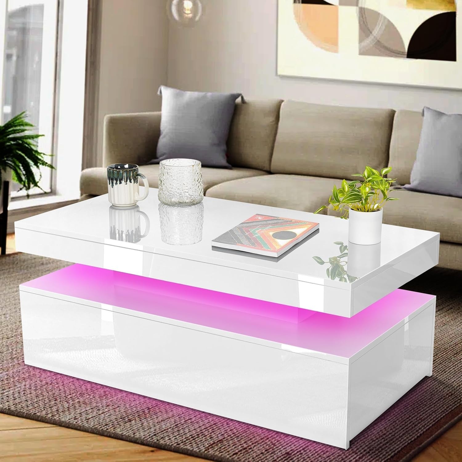 White High Gloss LED Coffee Table with Storage Drawers | 94cm RGB Lights