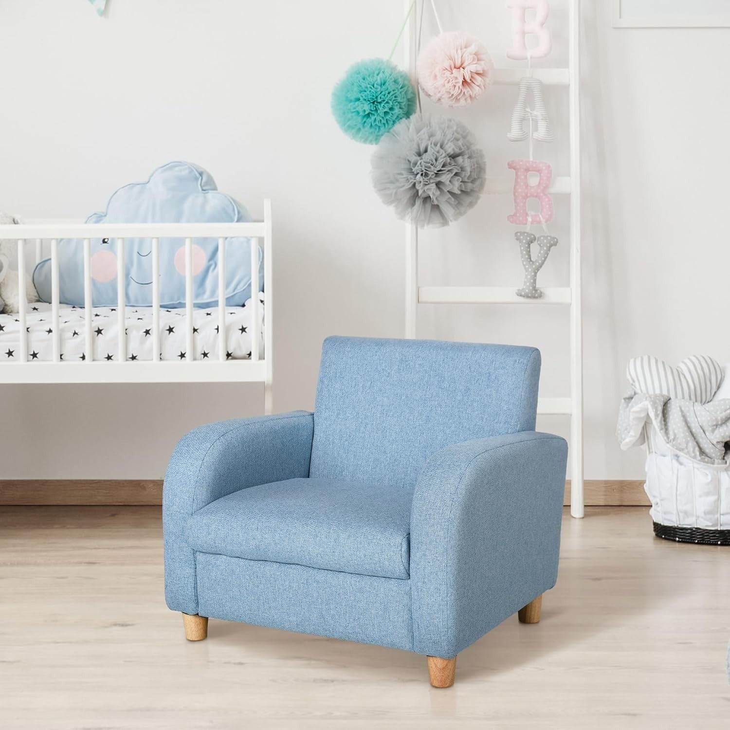 Toddler Armchair Sofa Kids Chair Wooden Frame Blue Seat for Playroom