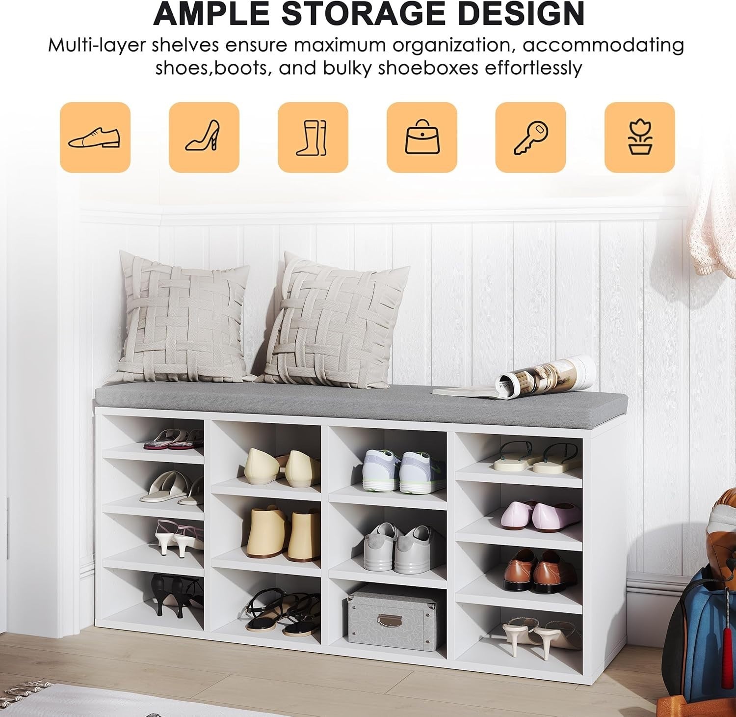 White Shoe Storage Bench with Padded Seat, 14 Compartments, Adjustable Shelves