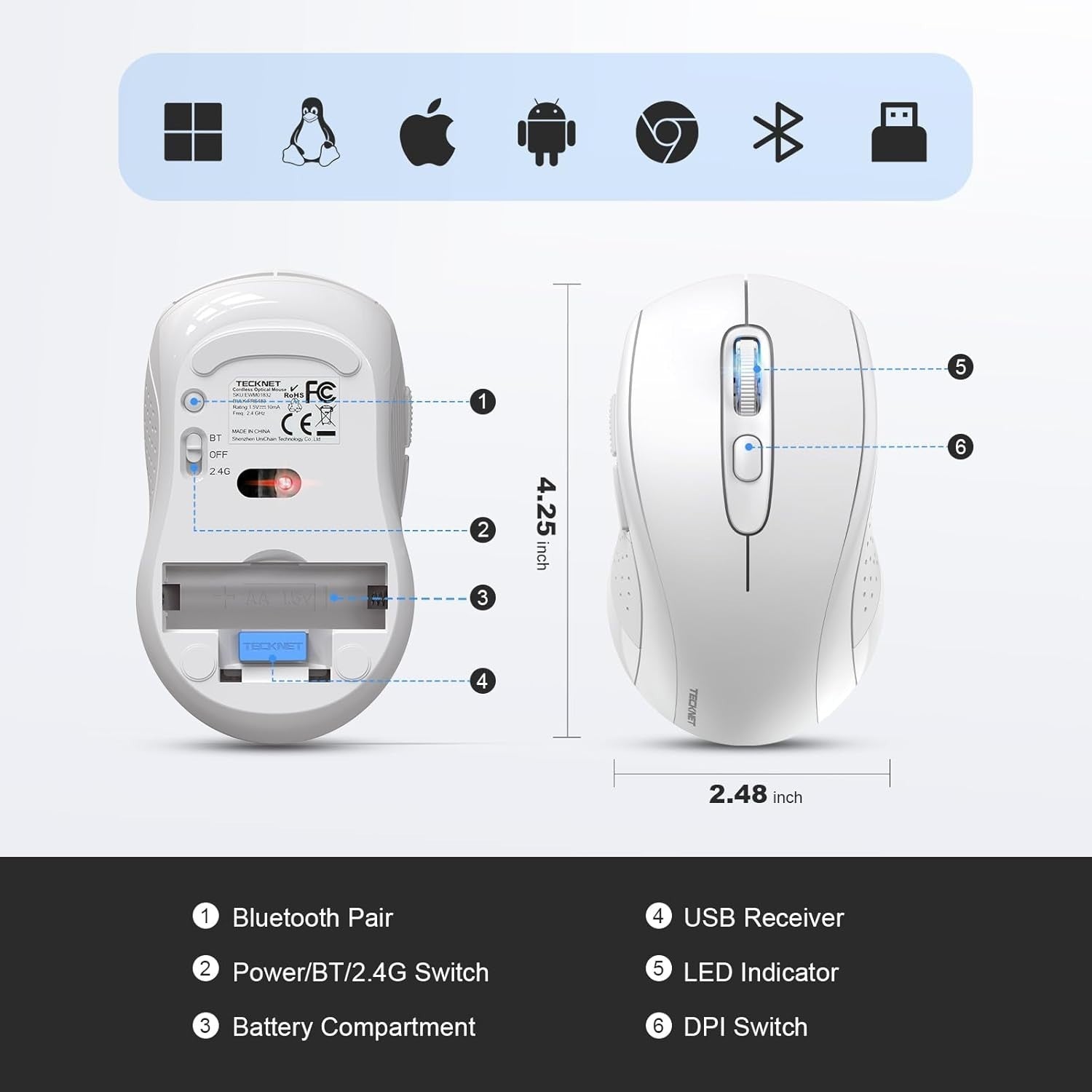 Silent Wireless Bluetooth Mouse 4000 DPI Multi Device Slim Office Design