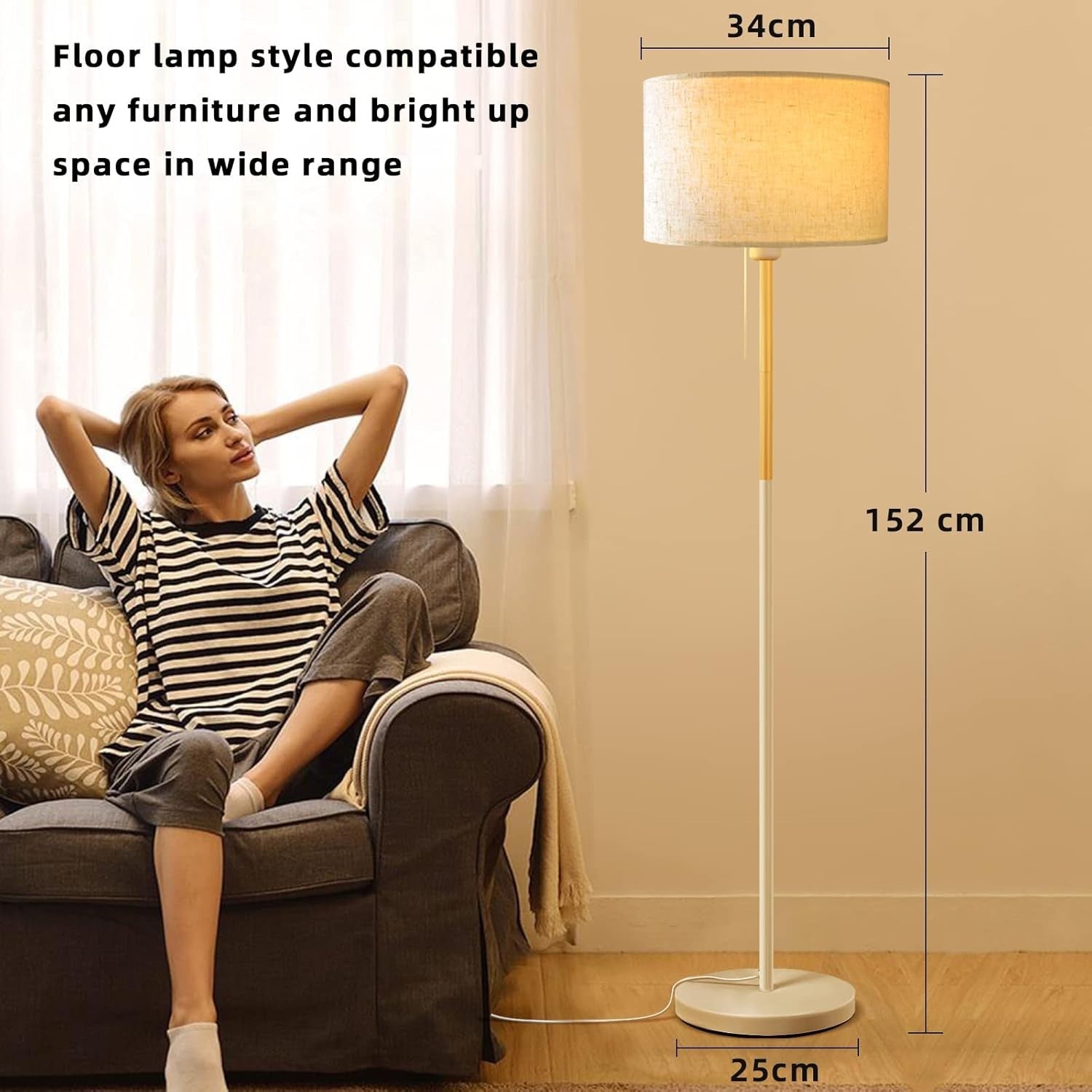 Farmhouse Floor Lamp White Linen Shade Tall Standing Reading Light LED