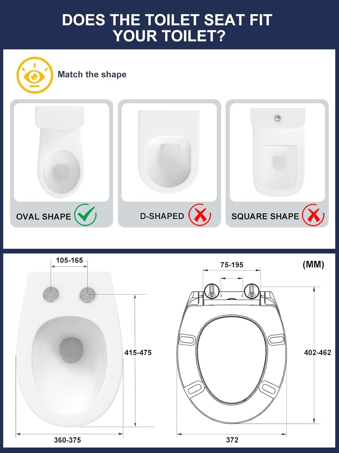 PRO Toilet Seat Soft Close O-Shape White Quick Release Adjustable Hinges 44.6x37