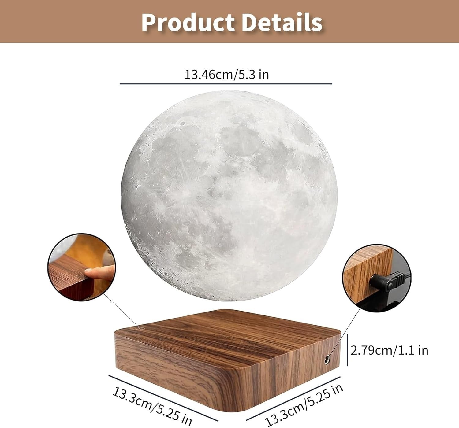 Levitating Moon Lamp 16 Colors, Magnetic Floating 3D LED Night Light Dark Brown