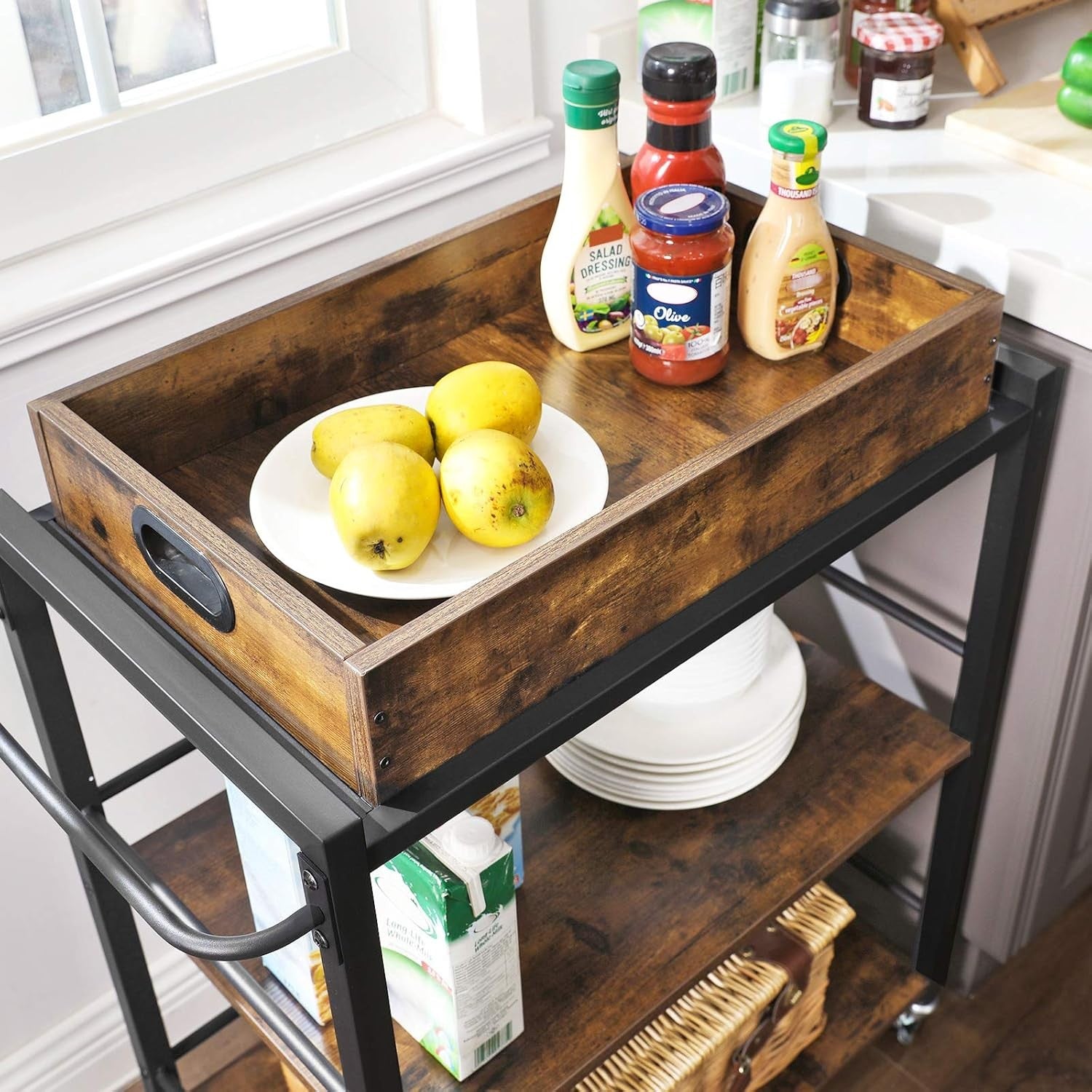 Kitchen Serving Cart on Wheels 3 Tier Utility Trolley with Removable Tray
