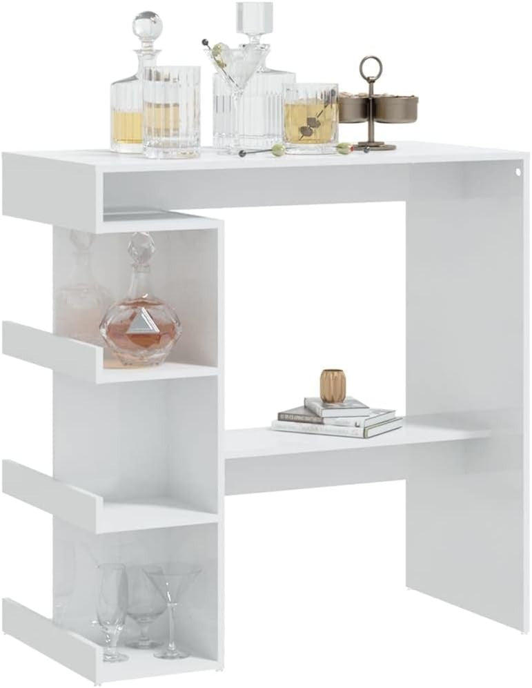 Modern Bar Table Storage Shelves, High Gloss White Space Saving Kitchen Counter