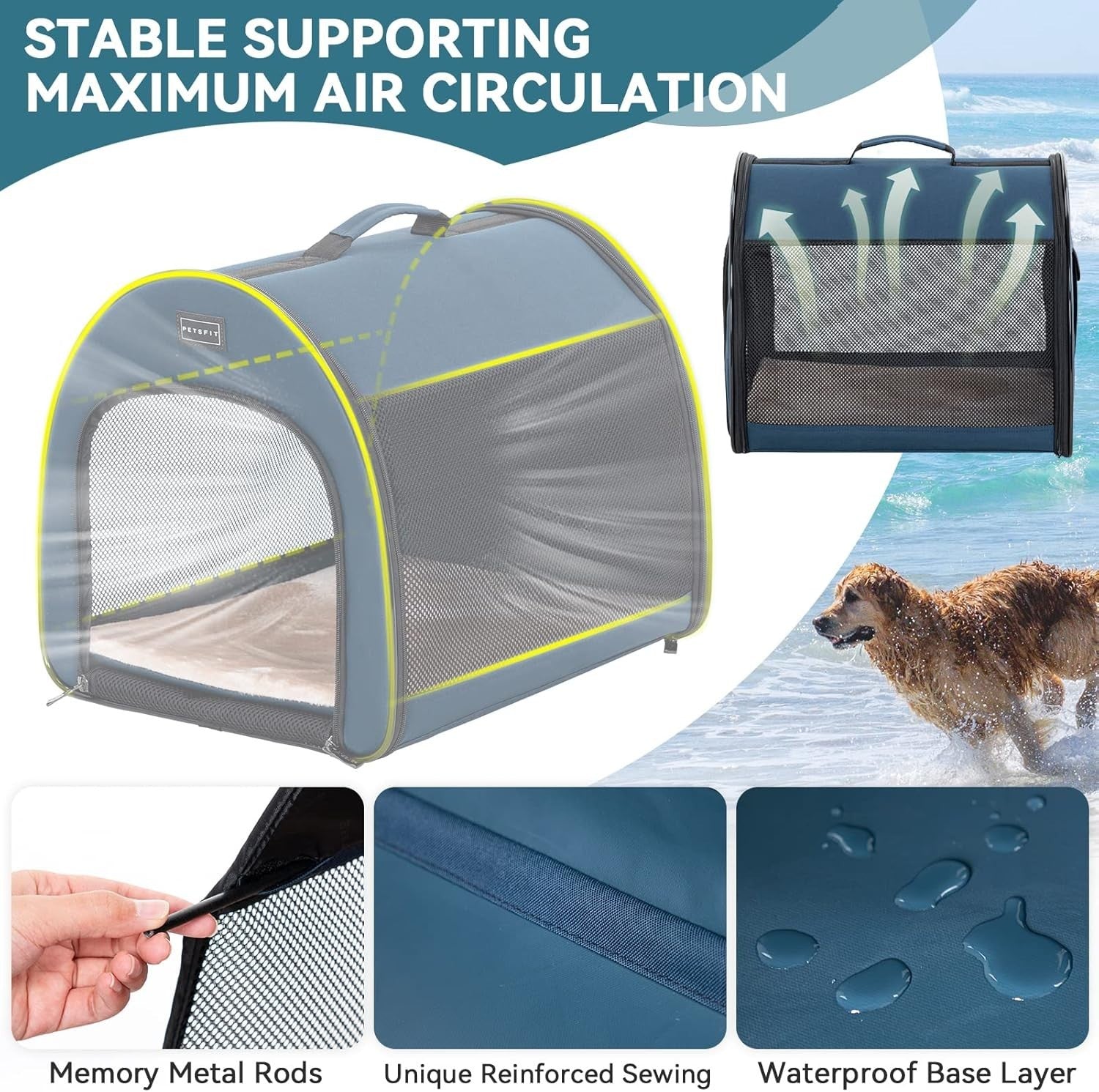 Soft Dog Crate 48x42x41cm Portable Travel Carrier Cat Kennel with Mat Blue