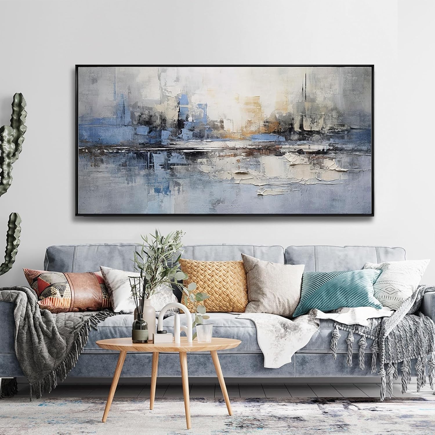Blue Gray Abstract Canvas Wall Art Framed 20x40 in Modern Decor