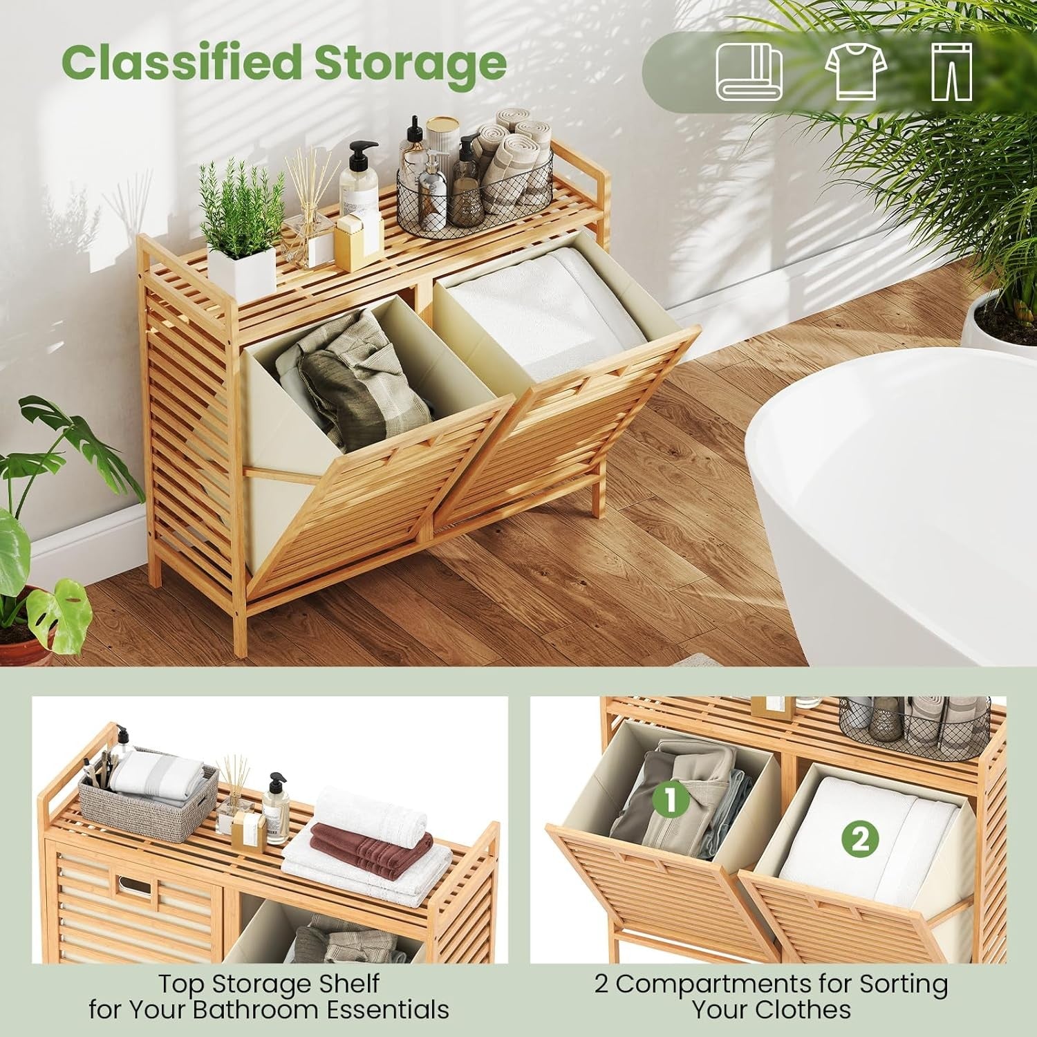 Bamboo 2 Compartment Tilt Out Laundry Hamper Cabinet with Shelves 80x30x72cm