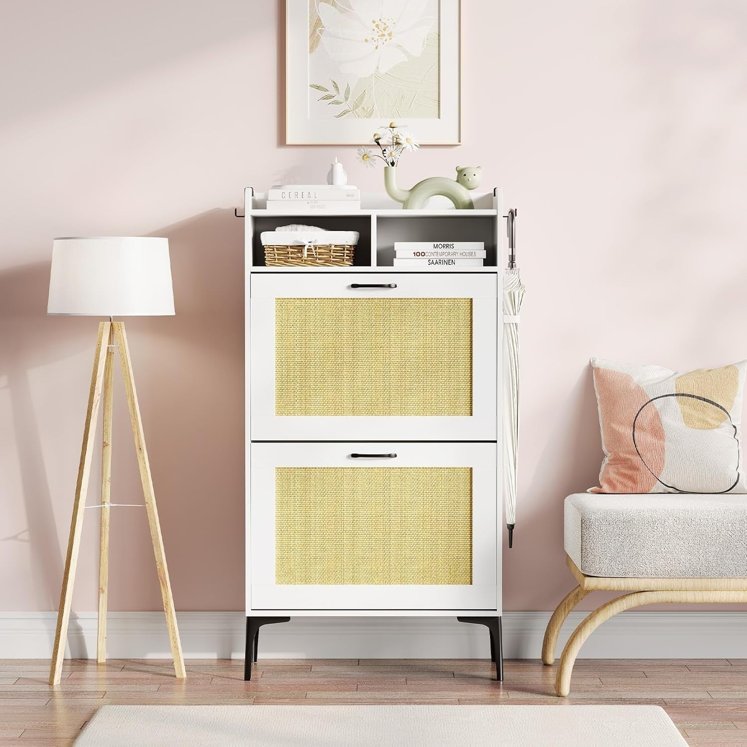 Compact Rattan White Shoe Cabinet 2 Flip Drawers + Open Storage 60x24x114cm