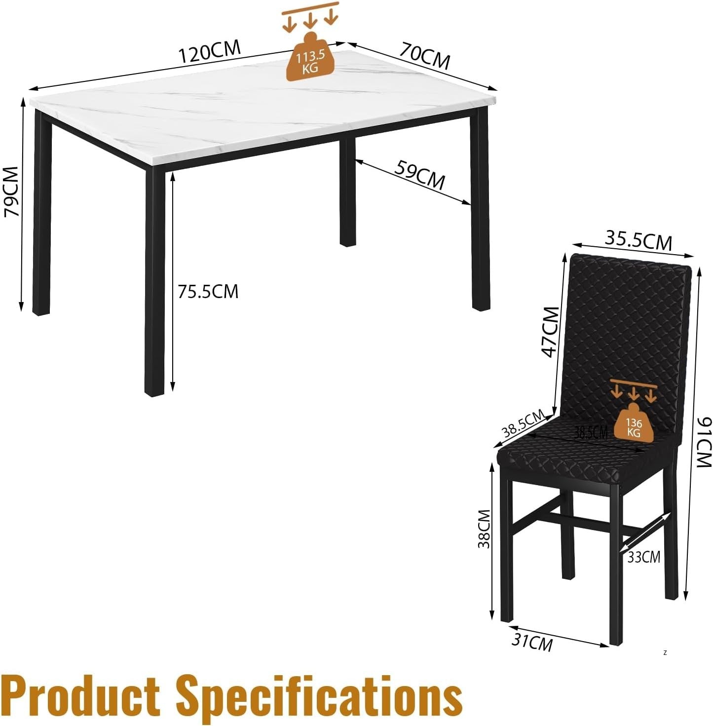 White Faux Marble Dining Table & 4 Black PU Leather Chairs Set for Small Rooms