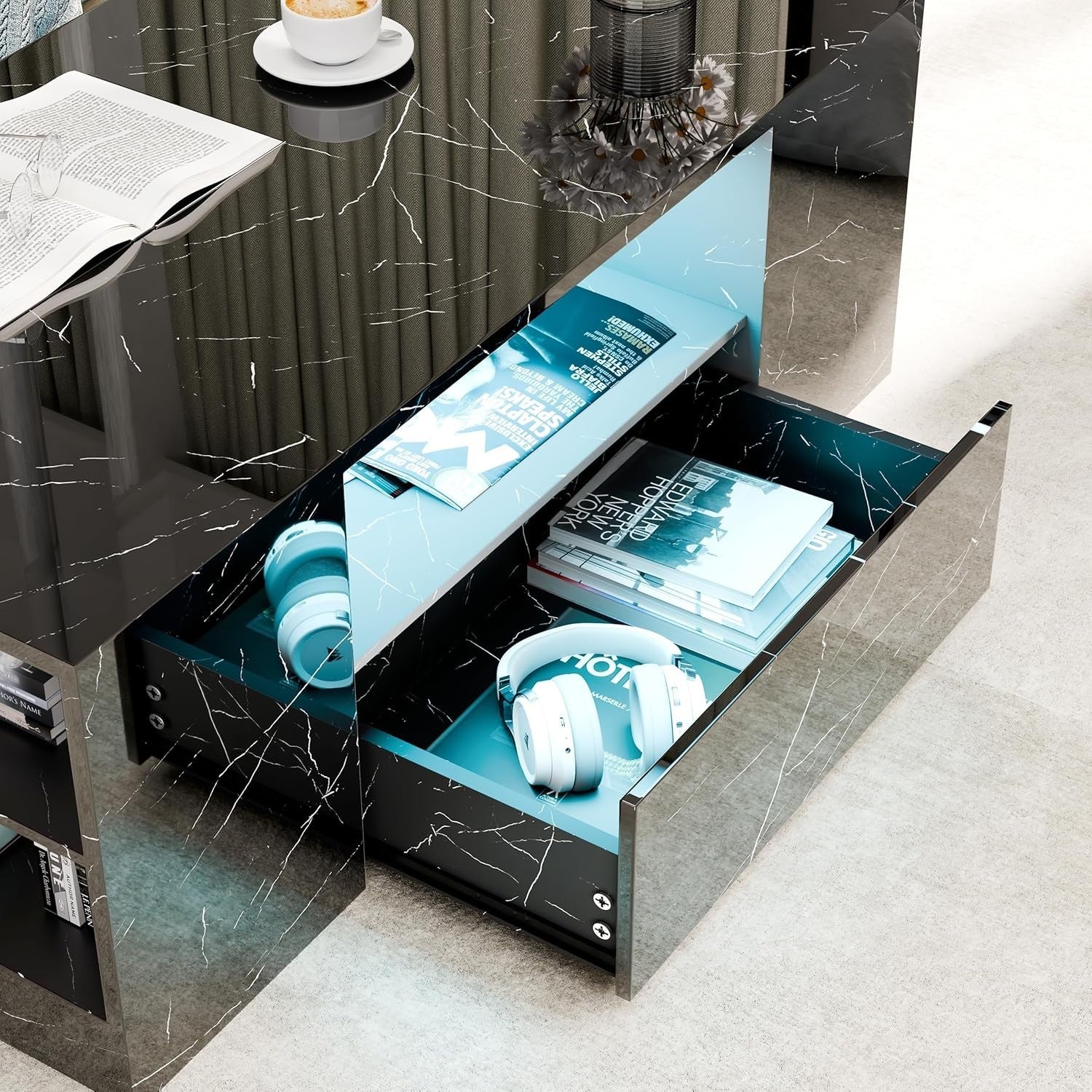 Blisswood LED Coffee Table with 2 Drawers, High Gloss Black Marble & RGB Lights