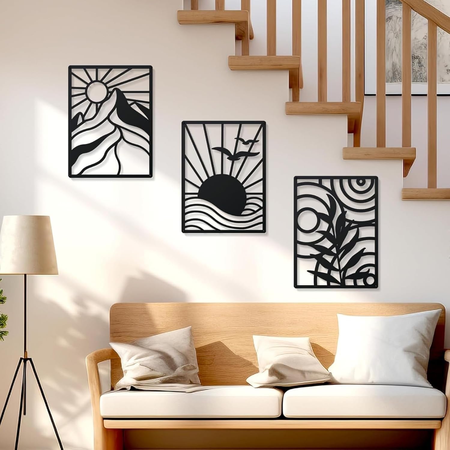 Large Metal Wall Art Set 3 Abstract Boho Black Minimalist Hanging Decor