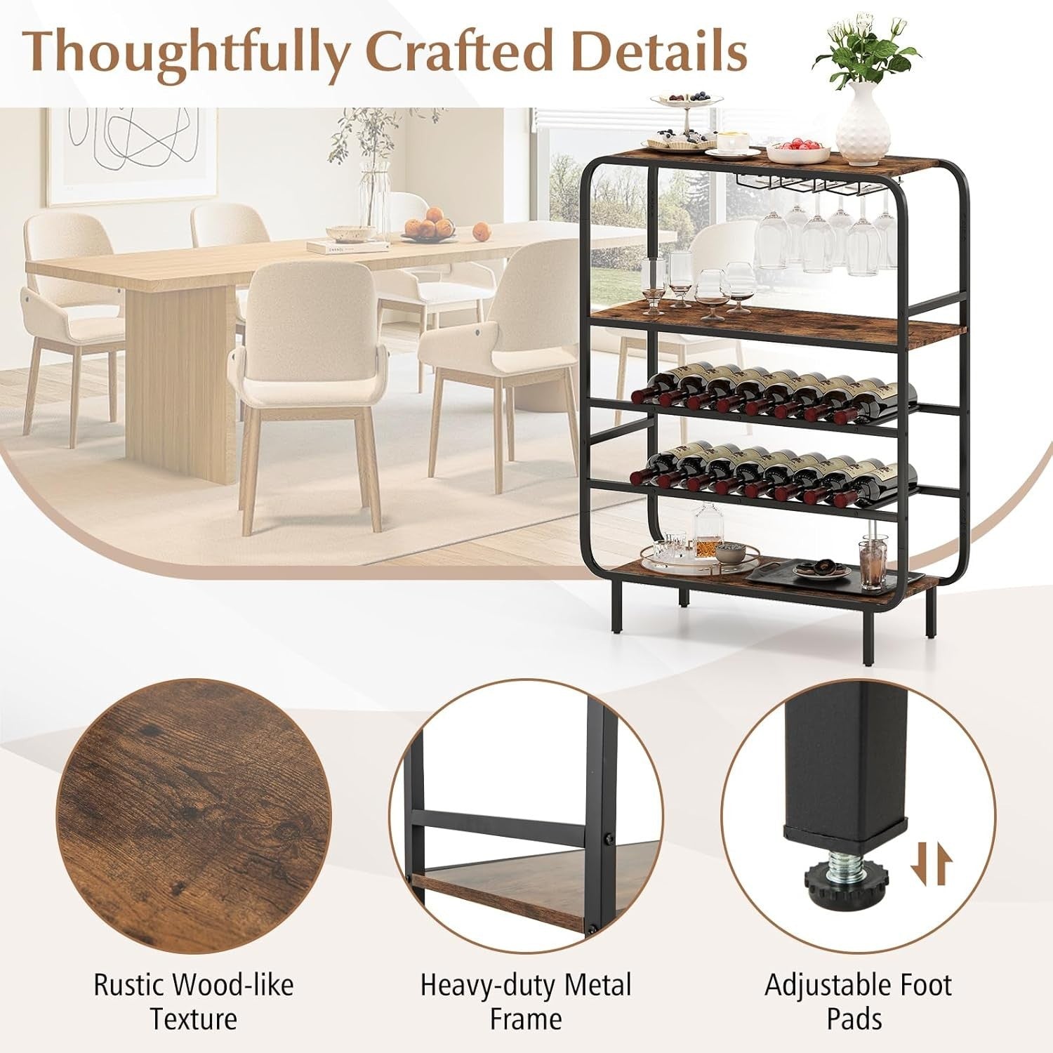 5 Tier Wine Rack Cabinet 16 Bottle Storage with Glass Holder Industrial Home Bar