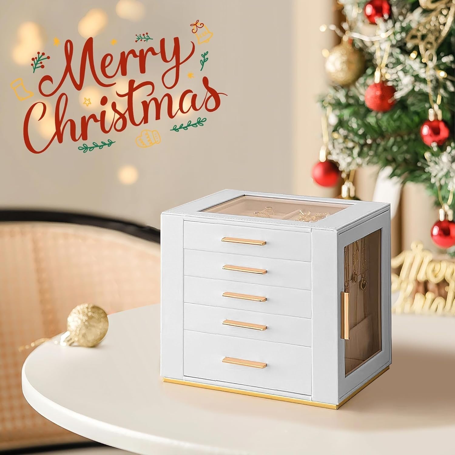 White PU Leather Jewellery Organizer Box 5 Layer Drawer Storage Case
