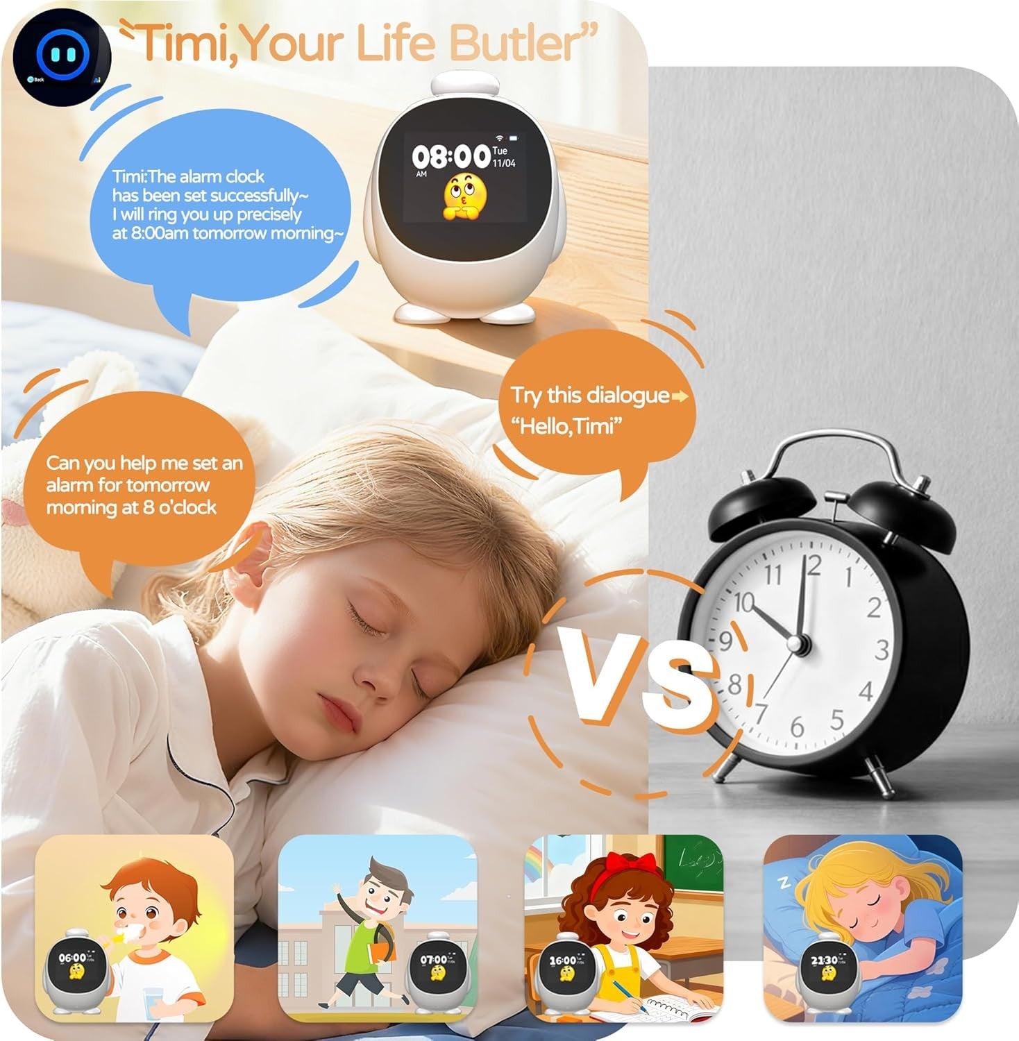White Kids AI Alarm Clock WiFi Smart Voice Control Learning Sleep Trainer
