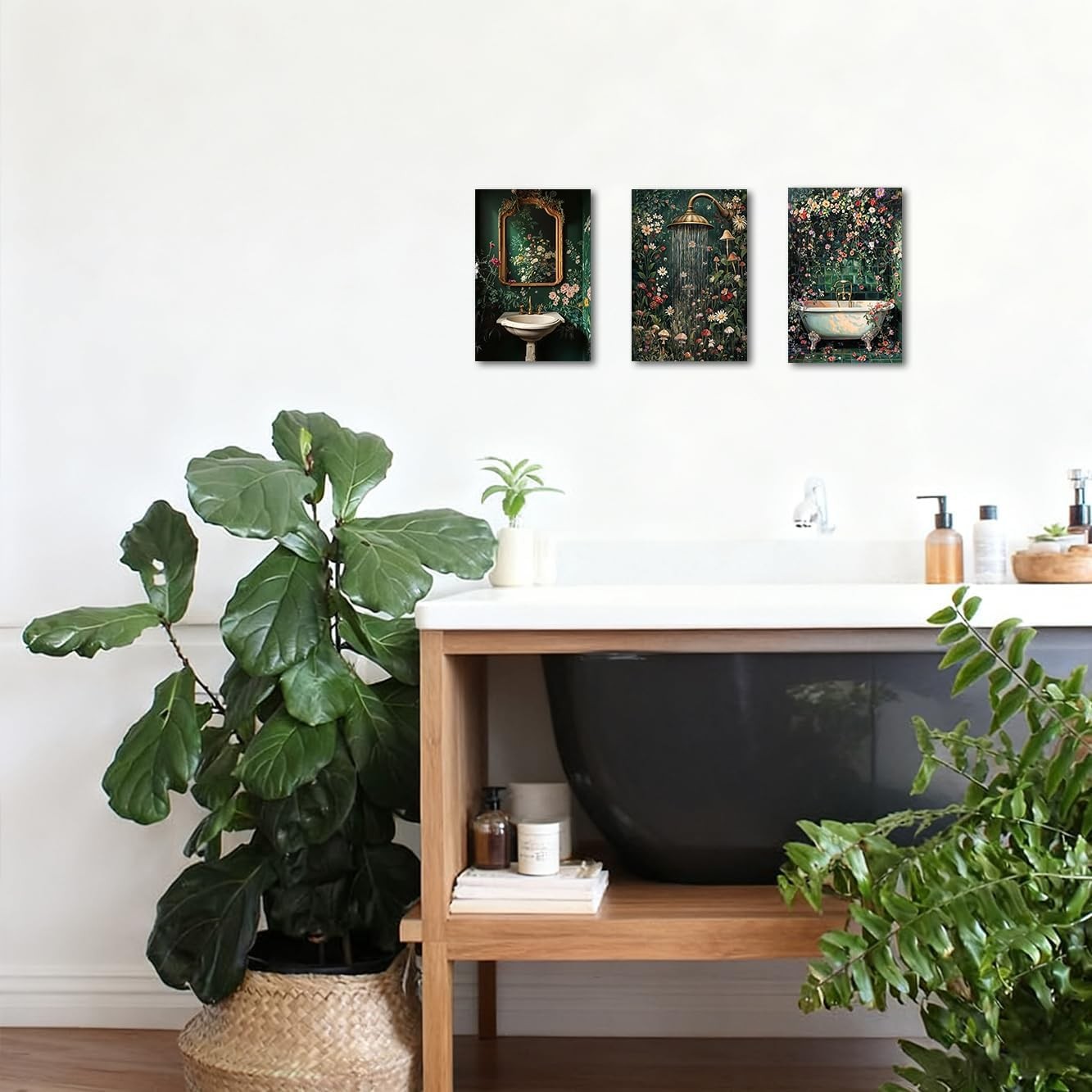 Dark Green Bathroom Wall Art 3 Piece Vintage Floral Canvas 11x14in