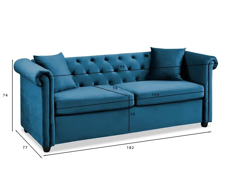 3 Seater Chesterfield Sofa Blue Velvet Scroll Arms Plush Living Room