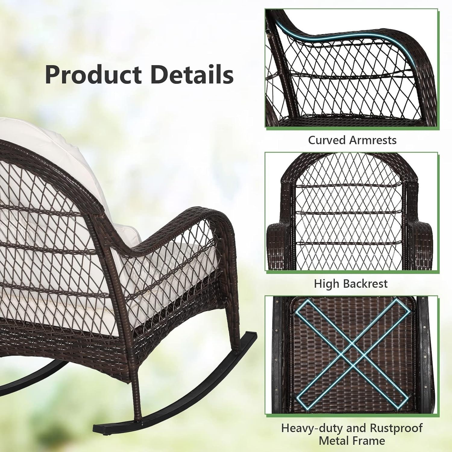 Outdoor Rattan Rocking Chair Patio Lounge Seat Cushioned Garden Deck