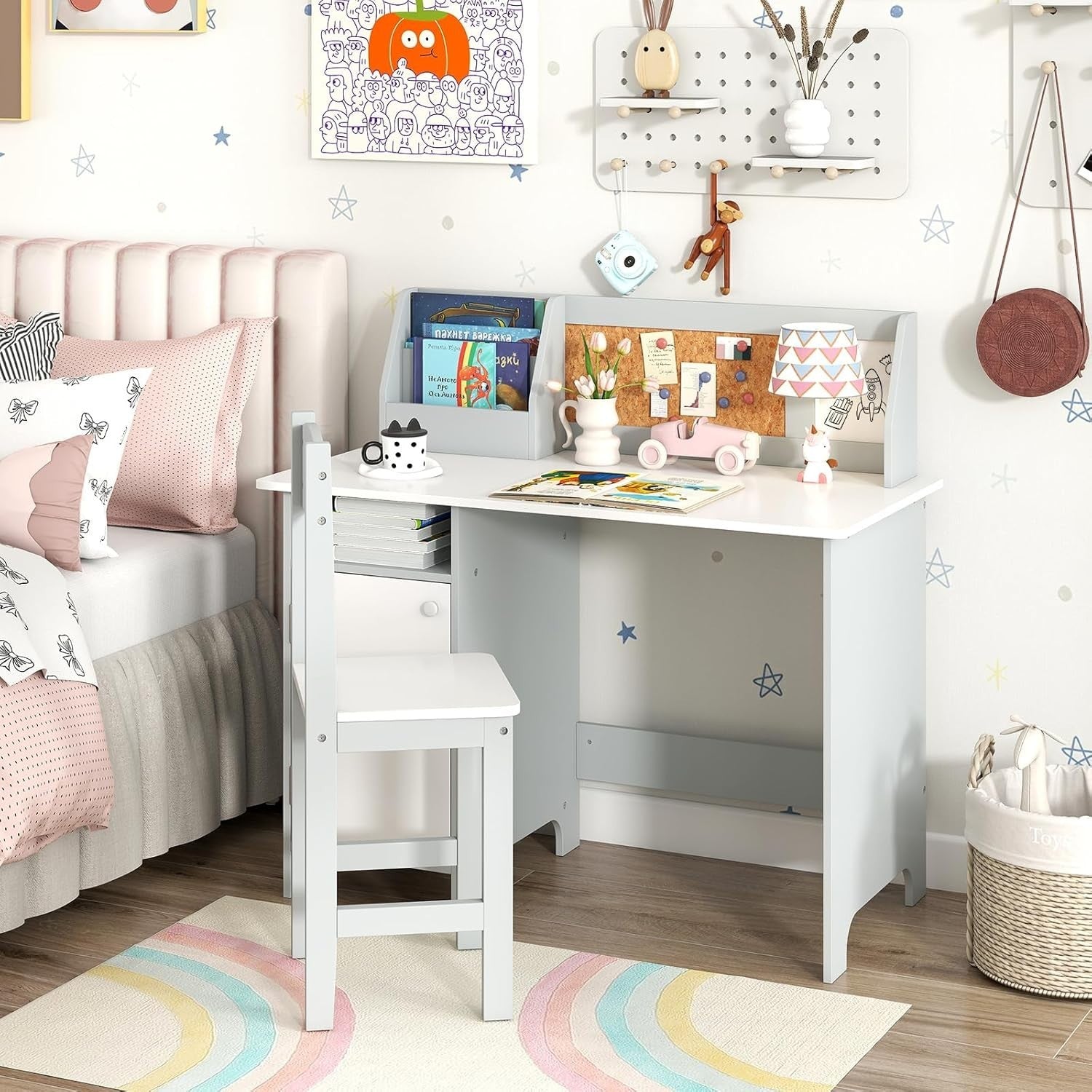 Kids Study Desk & Chair Set with Storage, Cork Board, Ergonomic Comfort