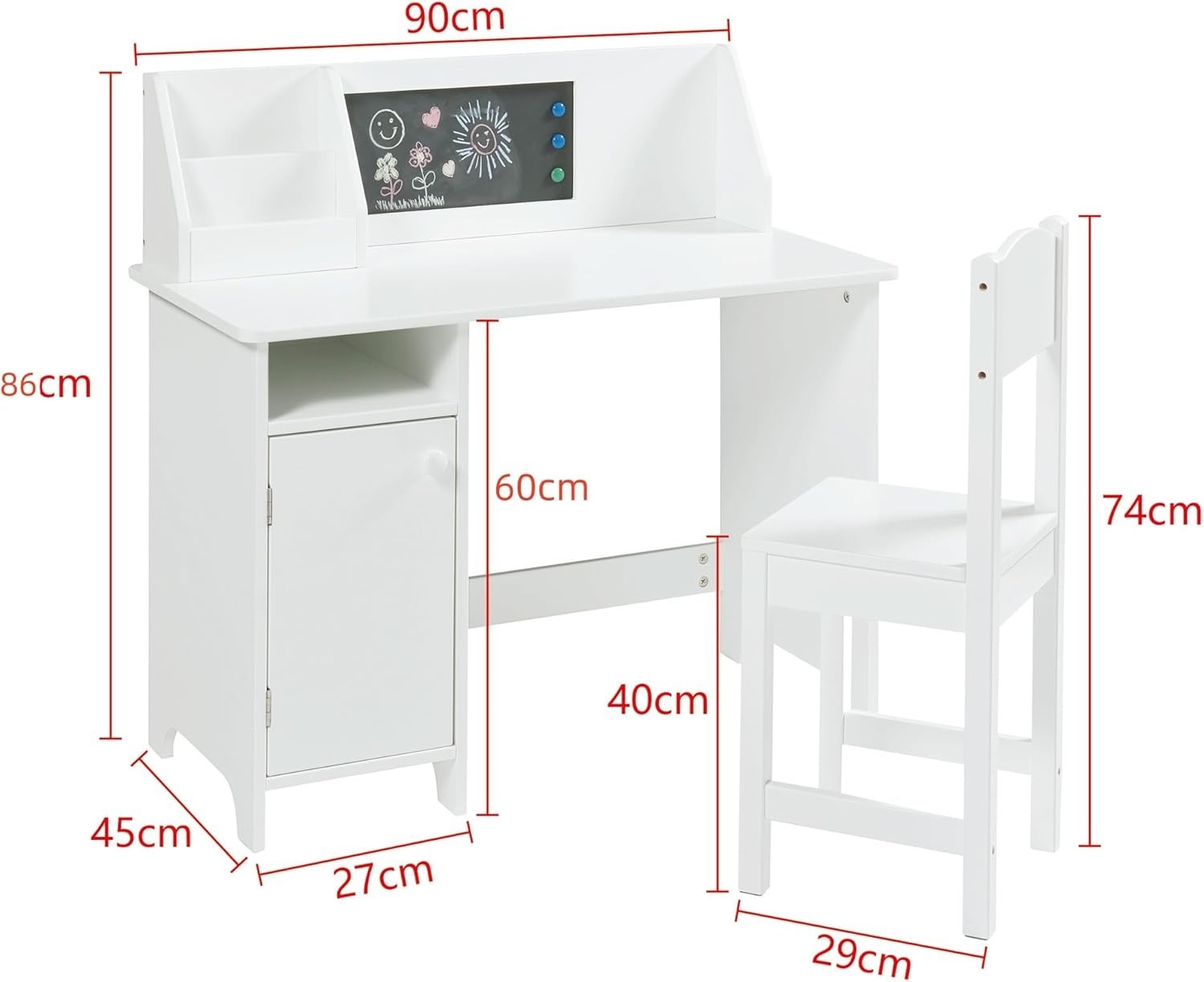Kids Study Desk & Chair Set with Cork Board – Storage Shelves, White Wood