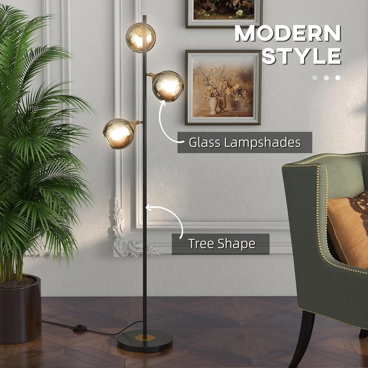3 Light Floor Lamp Glass Globe Modern Standing Lamp Living Room Bedroom