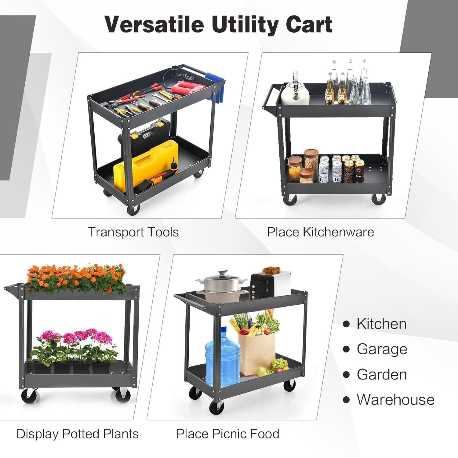 2 Tier Rolling Utility Trolley Heavy Duty Storage Cart with Wheels Black