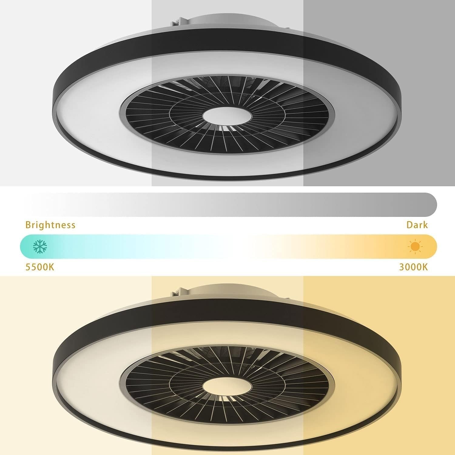 Smart LED Ceiling Fan Light, Stepless Speed, Dimmable 3000-5500K, Black