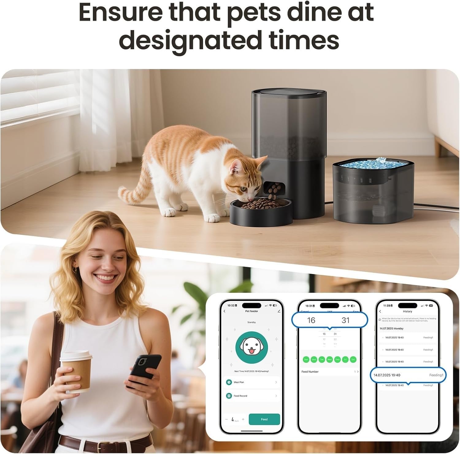 Automatic Cat Feeder Water Fountain WiFi Timer 3L Food 2.5L Pet Bowl
