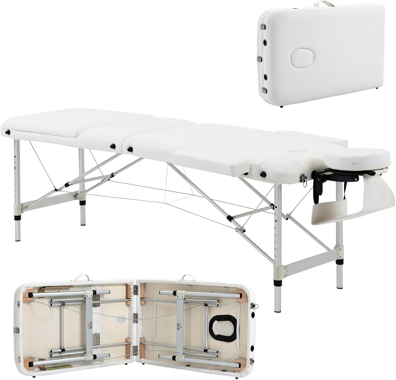 Portable Massage Table 3-Section Foldable Aluminium Beauty Bed w/ Bag White