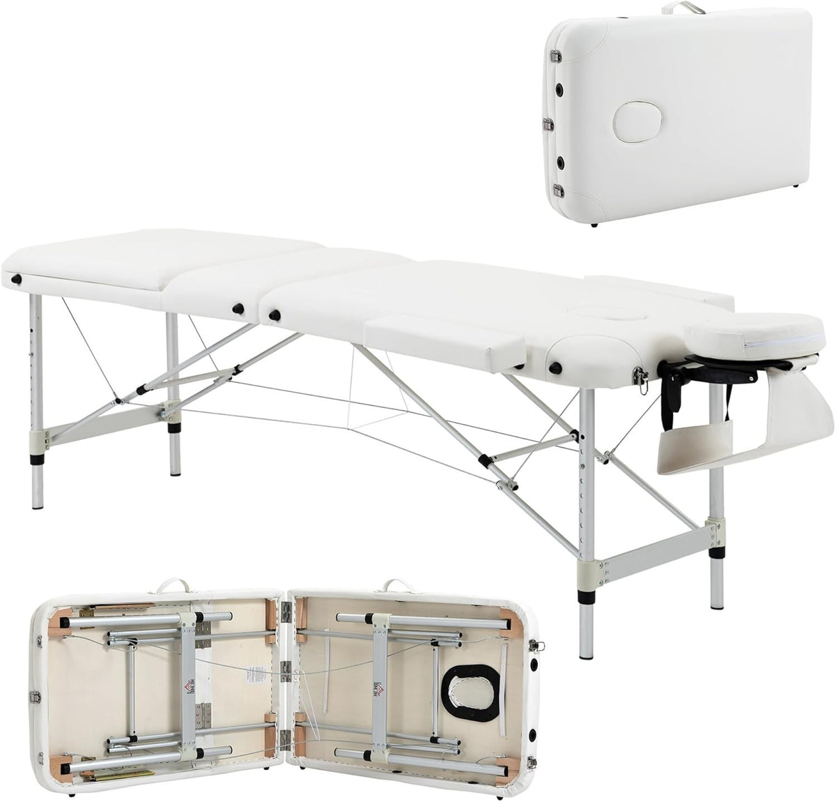 Portable Massage Table 3-Section Foldable Aluminium Beauty Bed w/ Bag White