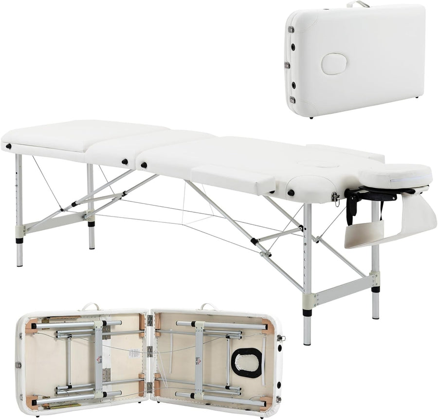Portable Massage Table 3-Section Foldable Aluminium Beauty Bed w/ Bag White
