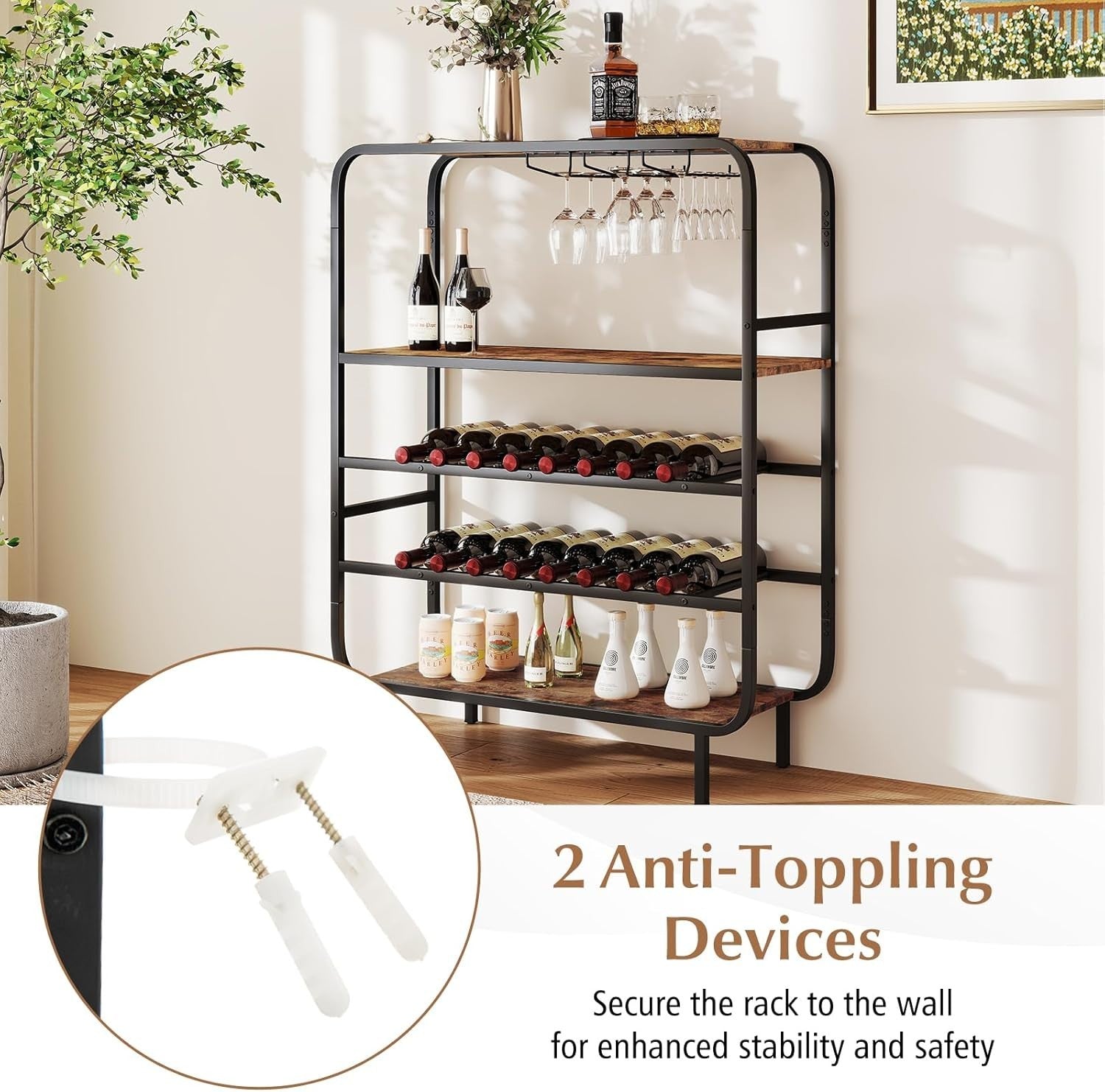5 Tier Wine Rack Cabinet 16 Bottle Storage with Glass Holder Industrial Home Bar