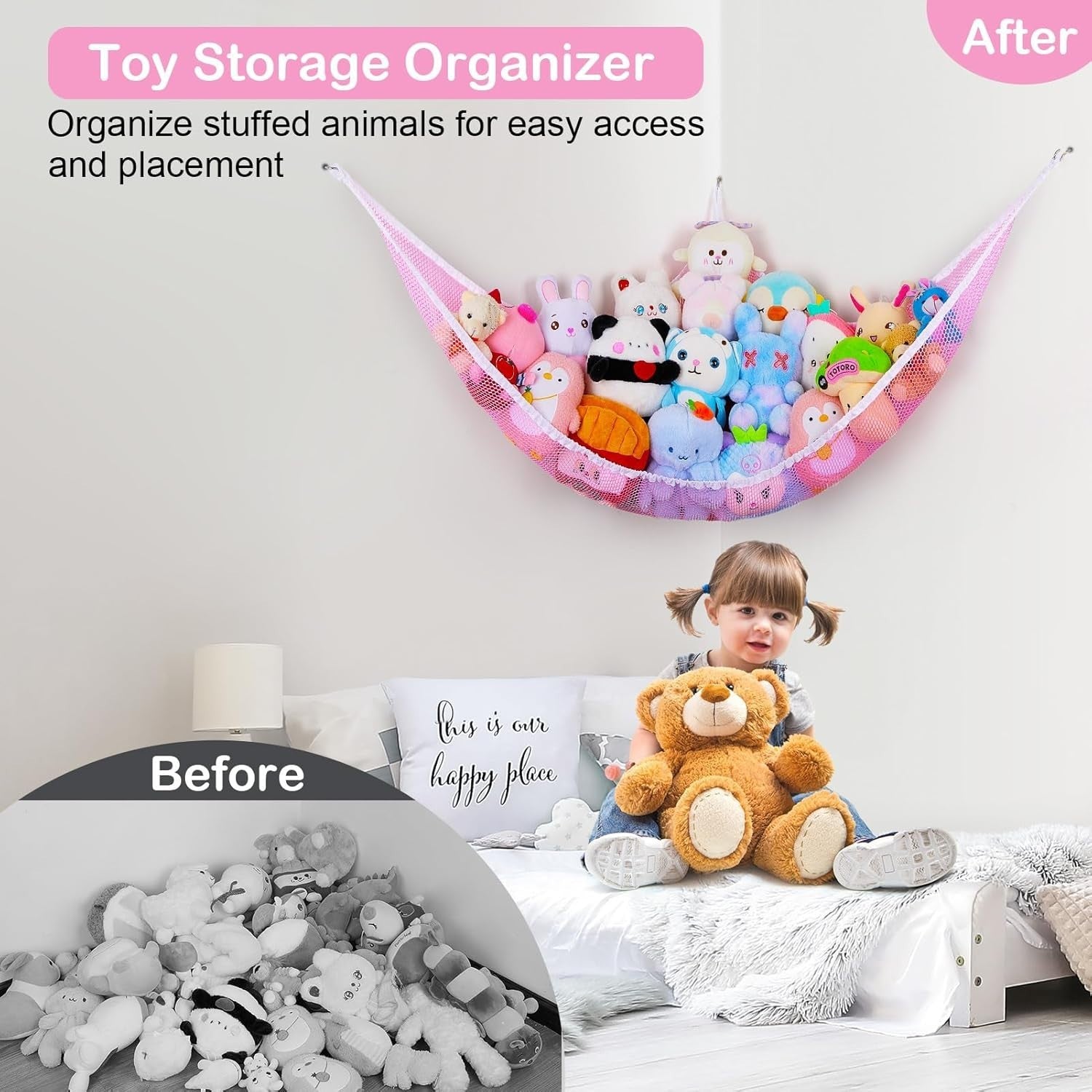 Stuffed Animal Hammock with LED Lights – Toy Storage Net for Kids Rooms
