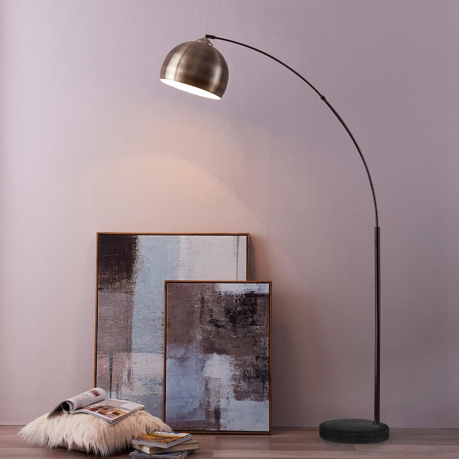 Arc Floor Lamp Antique Brass Shade Marble Base Curved Standing Living Room