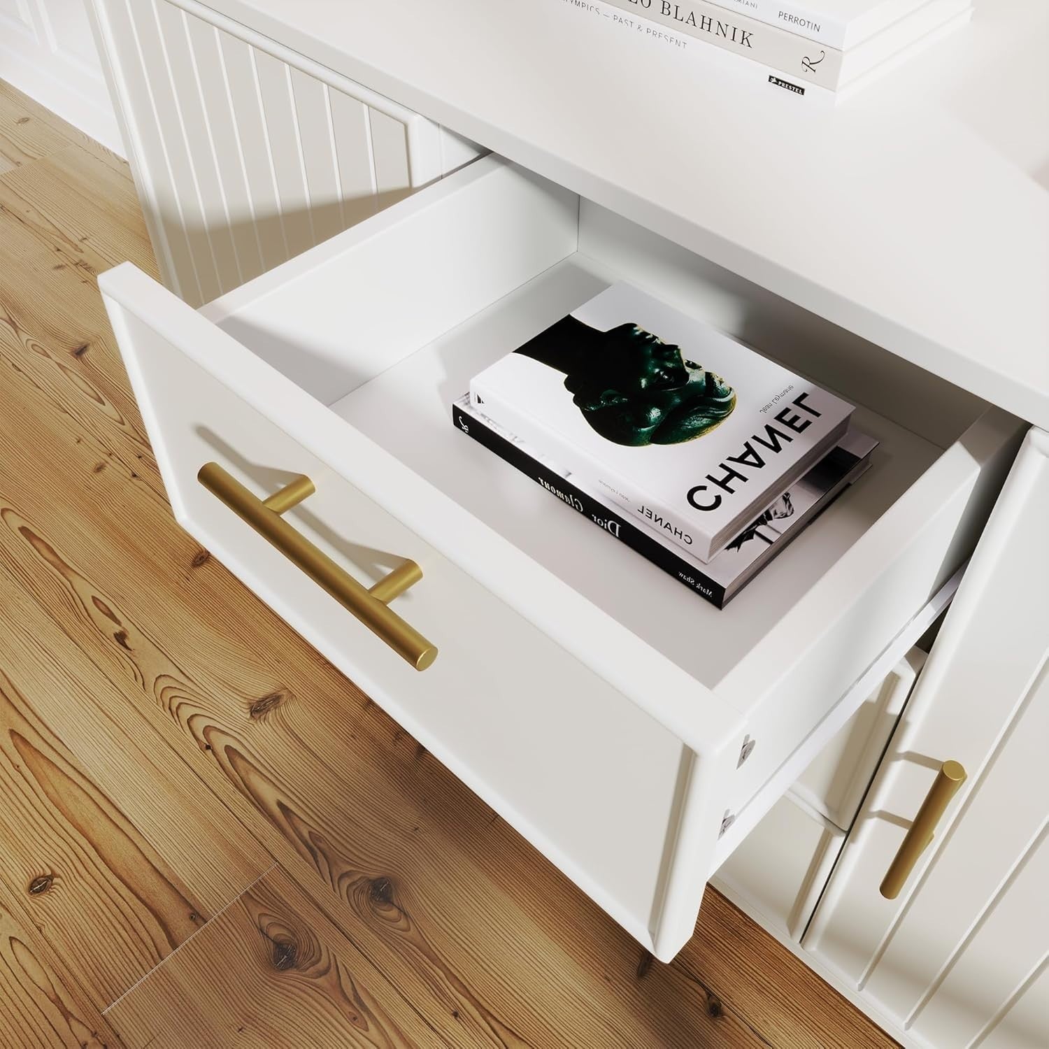 Adjustable Height White Sideboard Storage Cabinet with 3 Drawers & 2 Doors