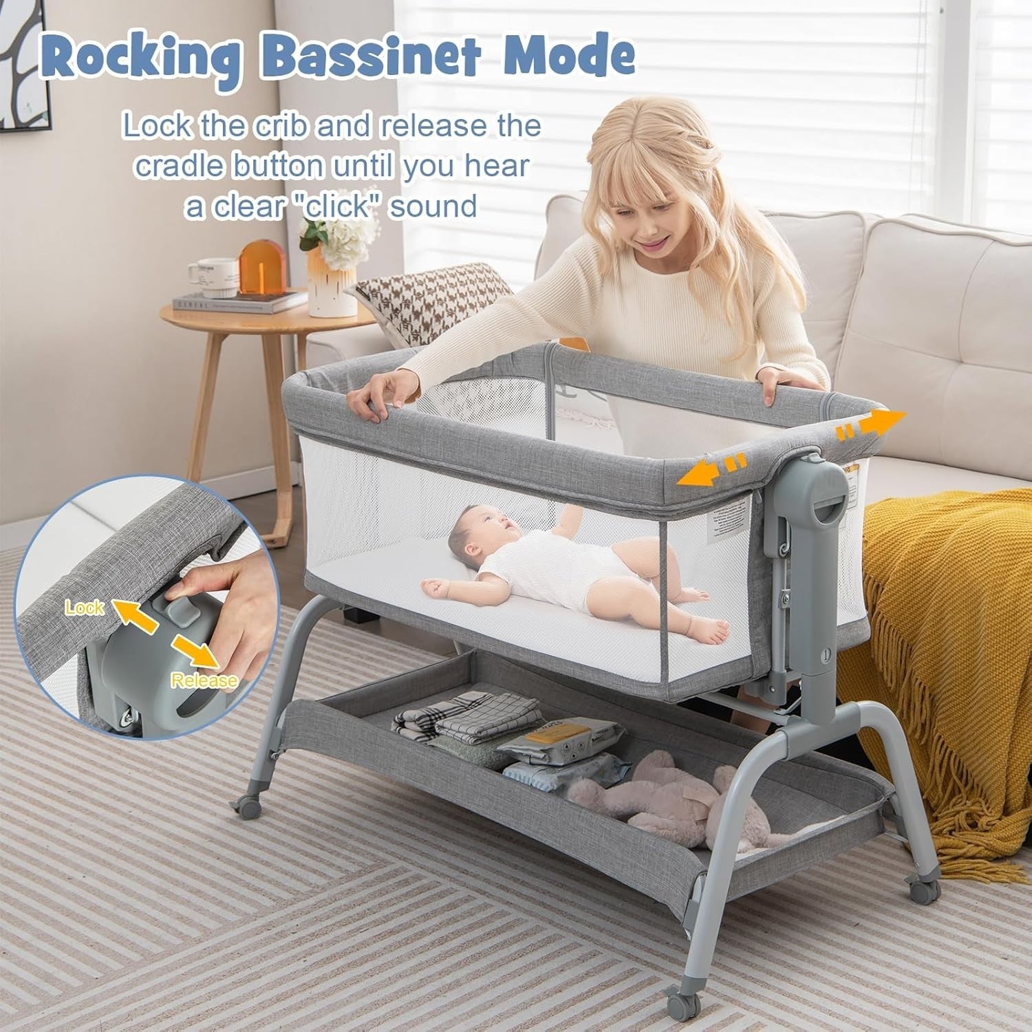 4in1 Baby Bedside Crib Adjustable Rocking Bassinet with Mattress & Storage