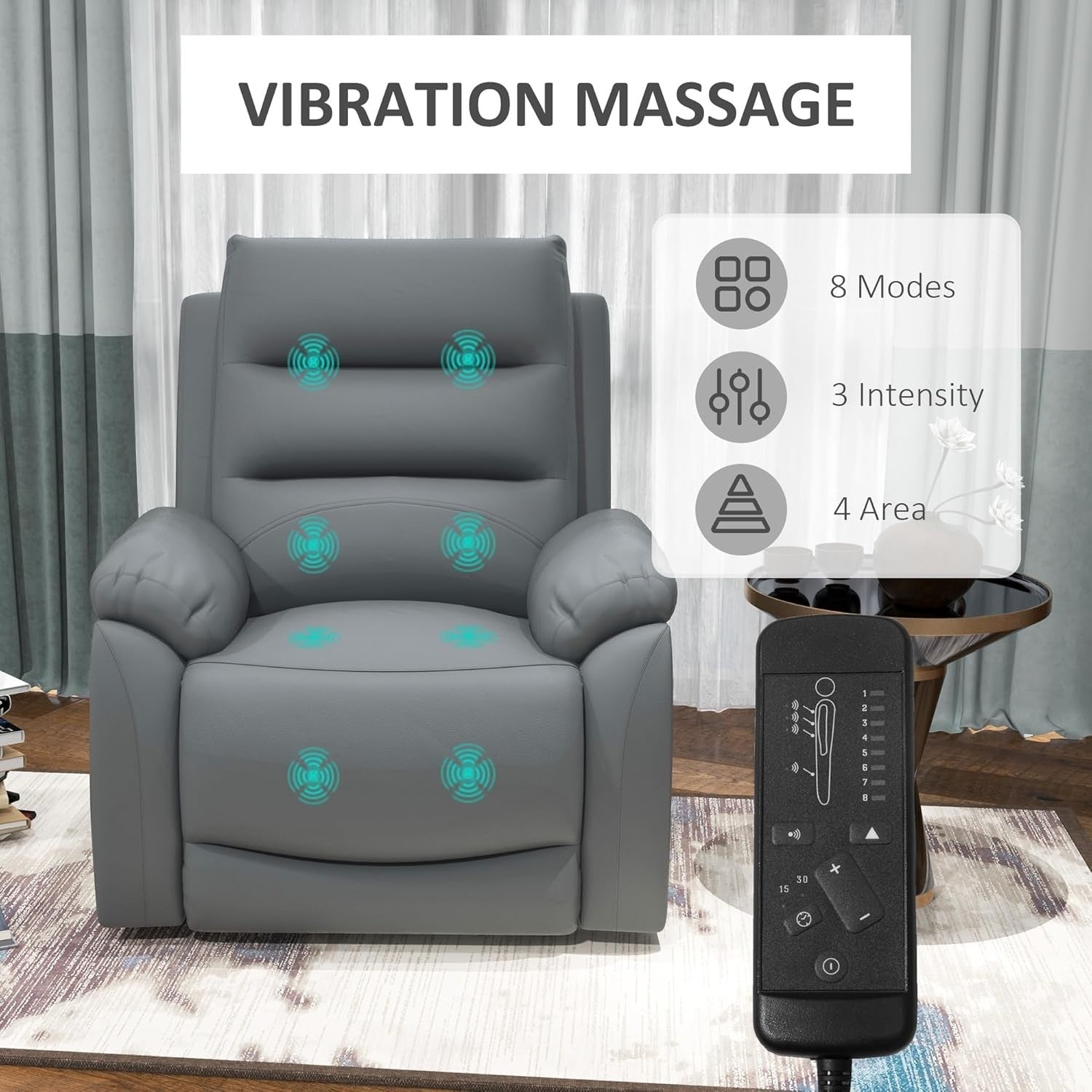 Power Lift Recliner Chair Massage Heat PU Leather 135° Recline w/ Footrest Grey