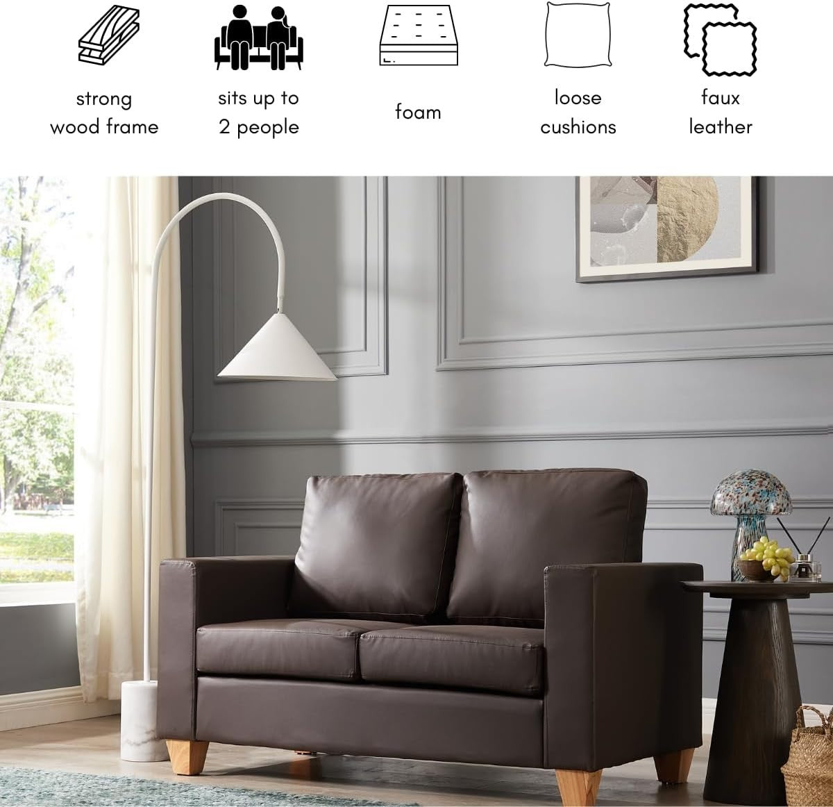 2 Seater Faux Leather Sofa Brown | Compact Couch | Minimal Assembly