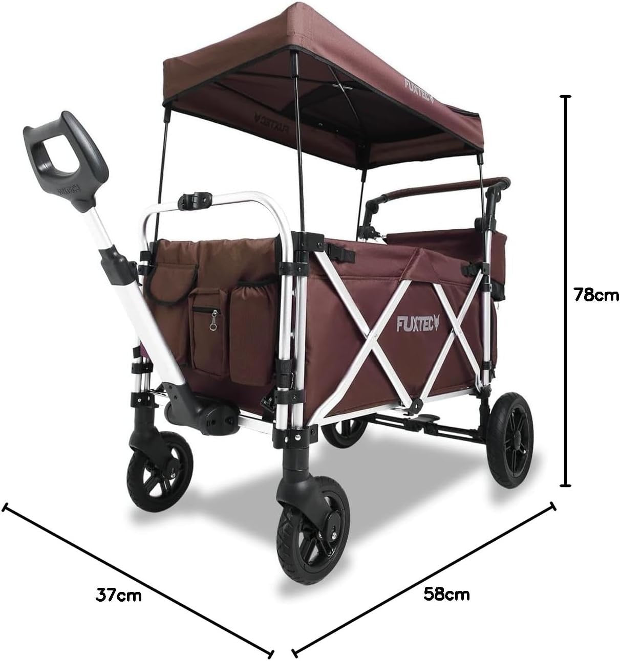 Brown All-Terrain 2-Seater Folding Kids Wagon Push Pull Stroller w/ Roof