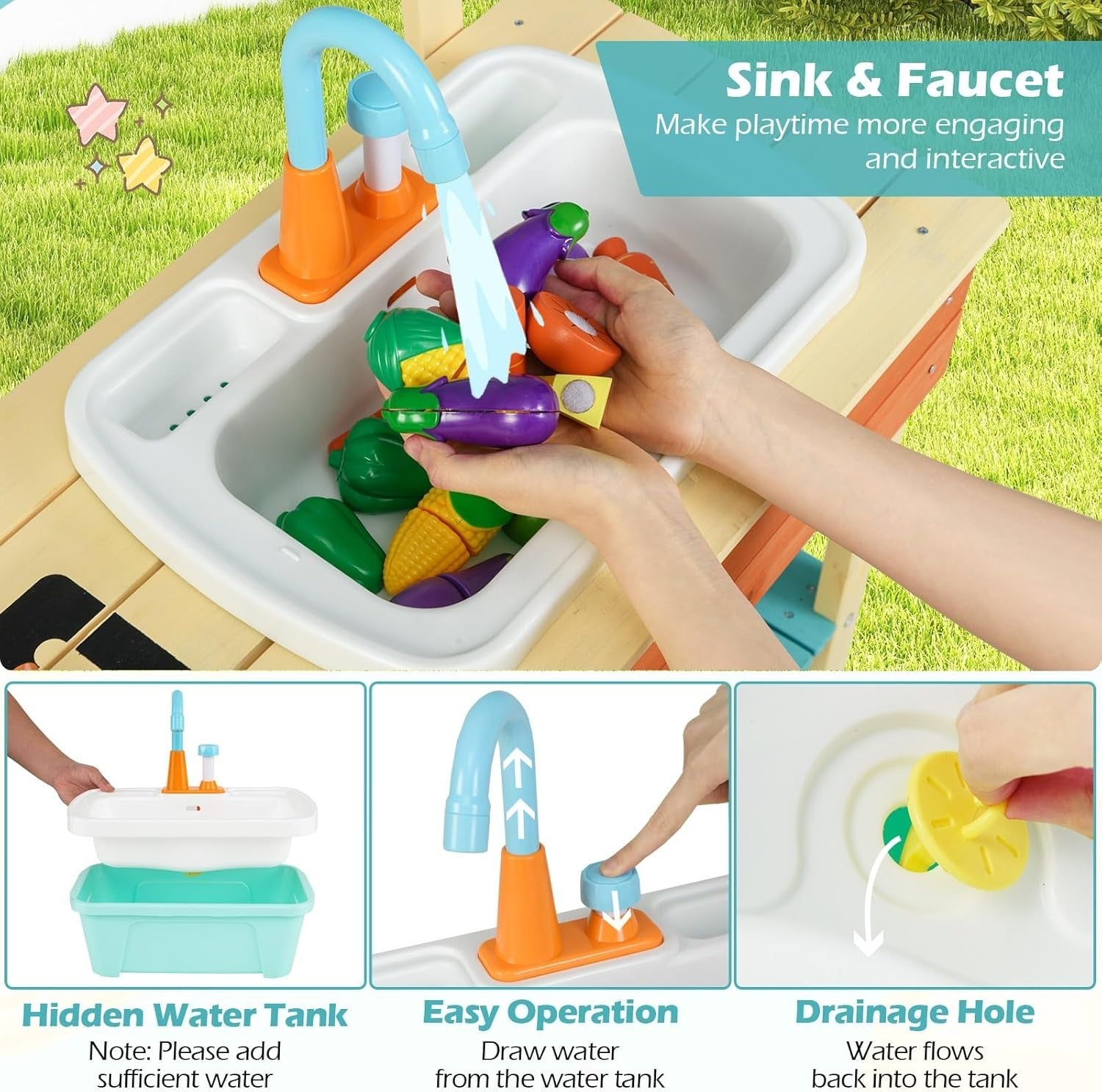 Kids Mud Kitchen Outdoor Wooden Play Kitchen Water Sink Garden Toy