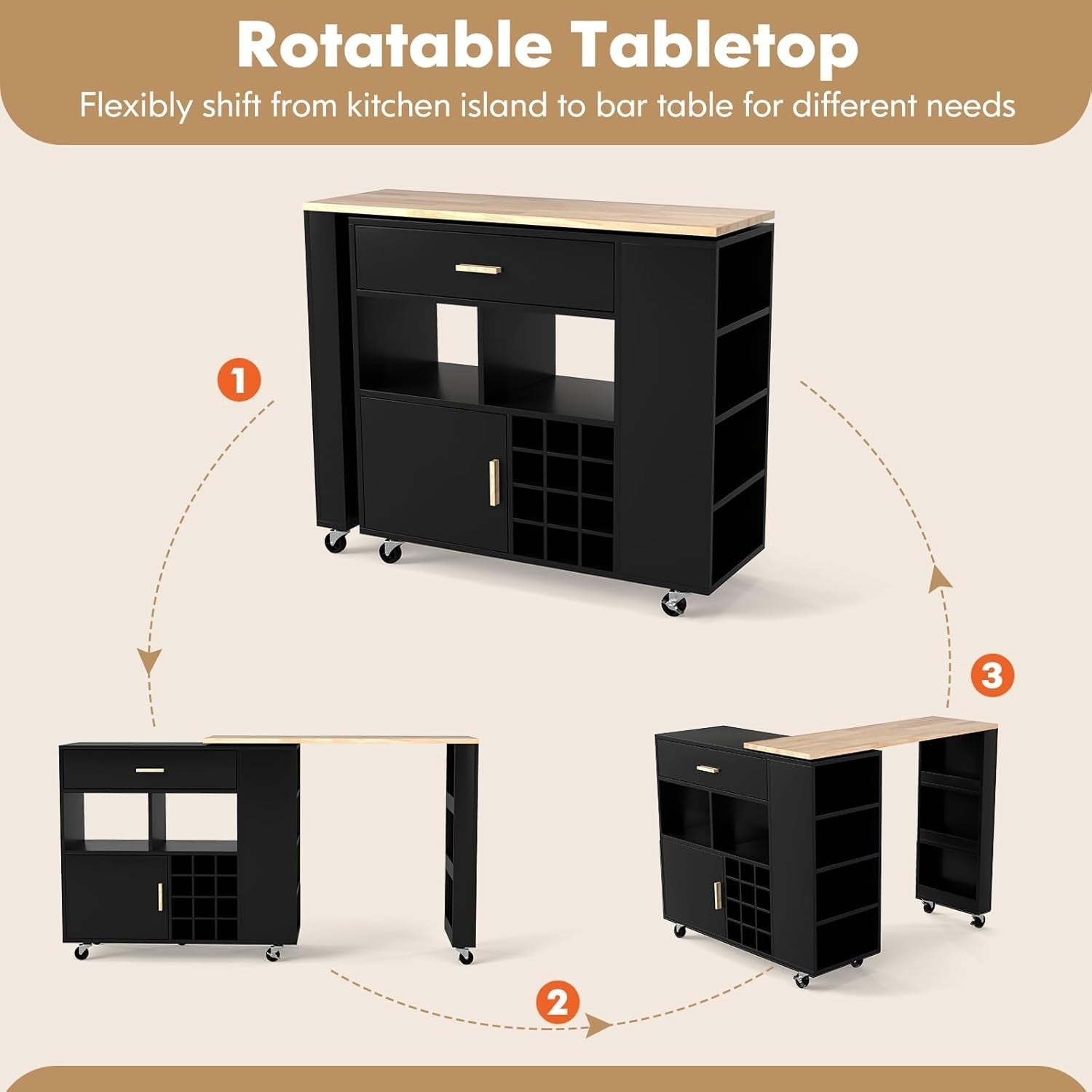 Rolling Kitchen Island Cart w/ Rotatable Worktop, Wine Rack & Lockable Wheels