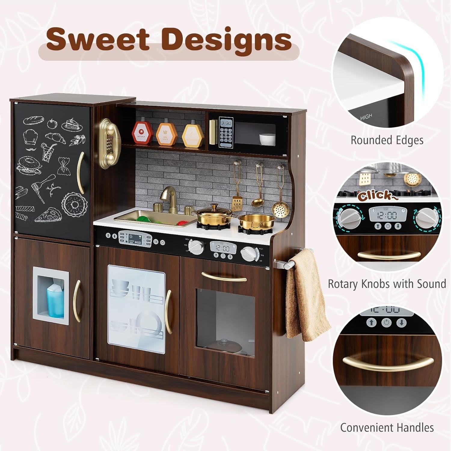 Kids Wooden Play Kitchen Blackboard Ice Maker Microwave Coffee Toy