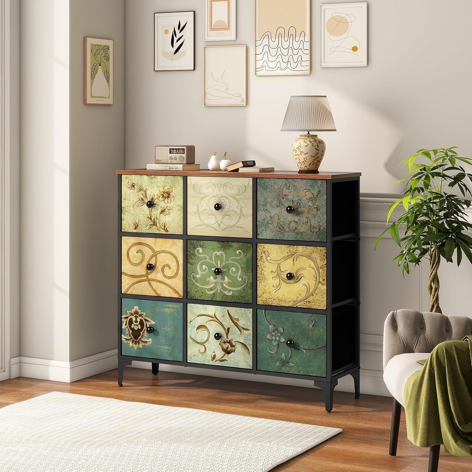 Vintage 9 Drawer Chest Cabinet Wood Storage Unit for Bedroom Entryway