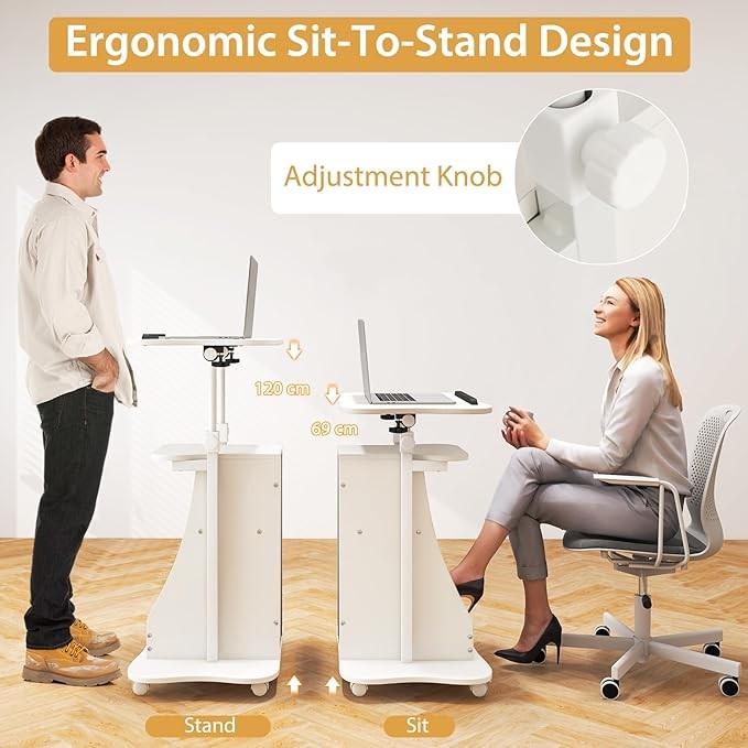 Mobile Laptop Table Height Adjustable Sit Stand Desk with Storage Wheels White