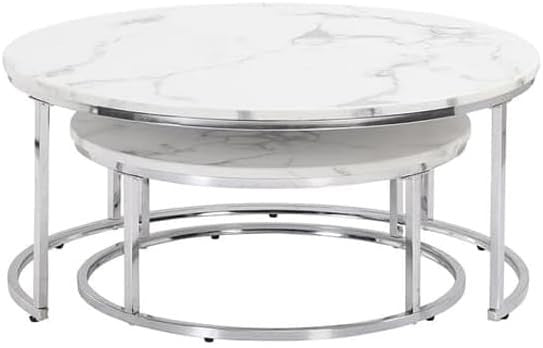 Round Marble Nesting Coffee Table Set 2 Art Deco White Chrome Modern Side Tables