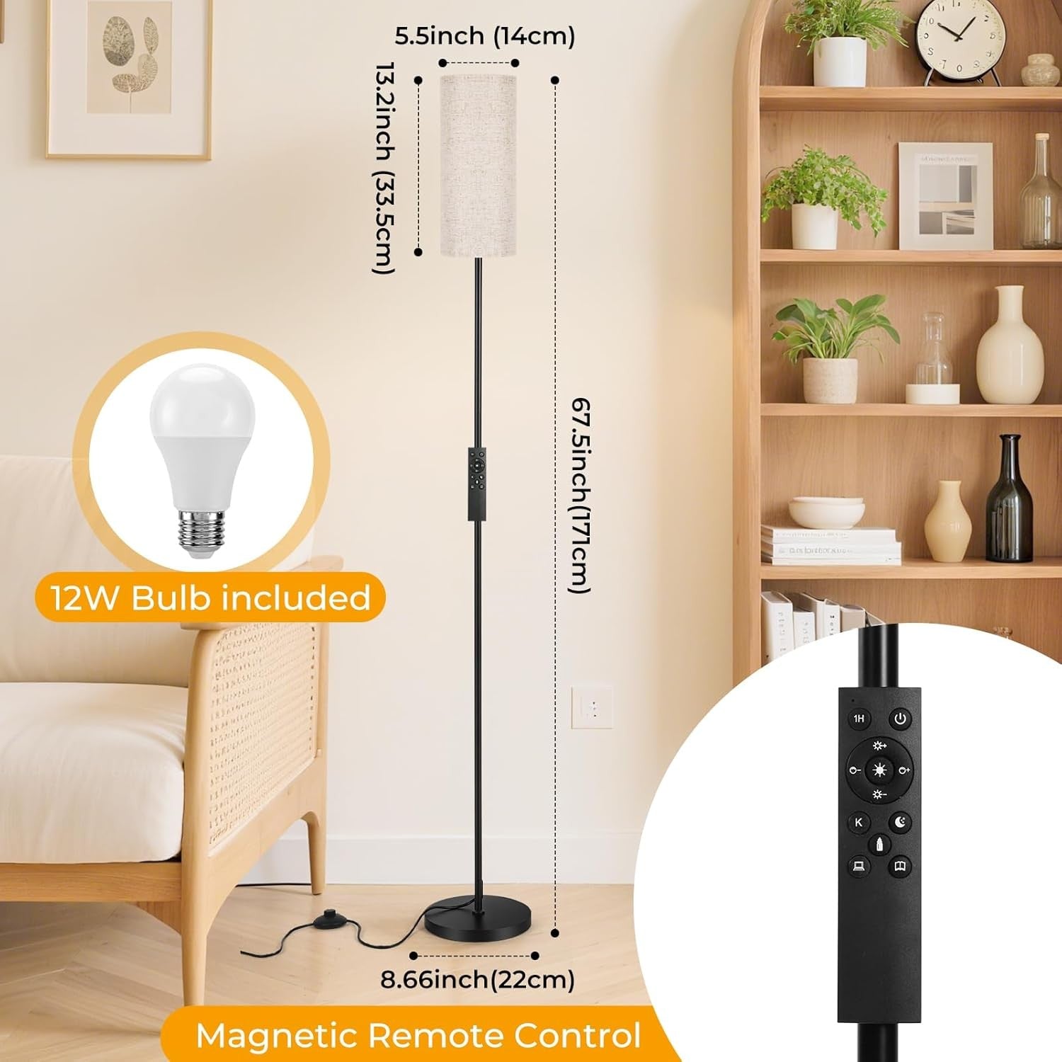 Dimmable Floor Lamp Beige Linen Shade Remote Foot Switch Modern Standing Light